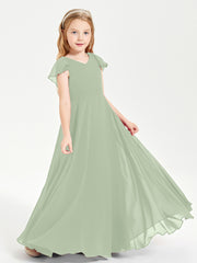Delicate Chiffon Junior Bridesmaid Gown Flutter Sleeves V-neck Dusty Sage