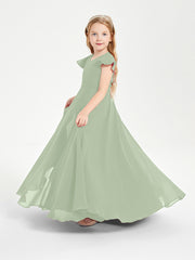 Delicate Chiffon Junior Bridesmaid Gown Flutter Sleeves V-neck Dusty Sage