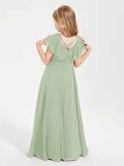 Delicate Chiffon Junior Bridesmaid Gown Flutter Sleeves V-neck Dusty Sage