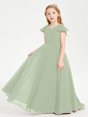 Delicate Chiffon Junior Bridesmaid Gown Flutter Sleeves V-neck Dusty Sage