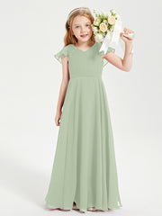 Delicate Chiffon Junior Bridesmaid Gown Flutter Sleeves V-neck Dusty Sage