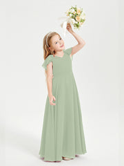 Delicate Chiffon Junior Bridesmaid Gown Flutter Sleeves V-neck Dusty Sage