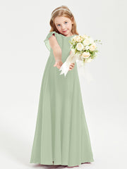 Delicate Chiffon Junior Bridesmaid Gown Flutter Sleeves V-neck Dusty Sage
