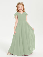 Delicate Chiffon Junior Bridesmaid Gown Flutter Sleeves V-neck Dusty Sage