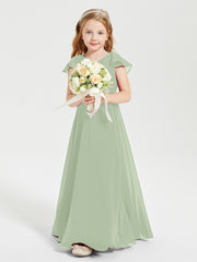 Delicate Chiffon Junior Bridesmaid Gown Flutter Sleeves V-neck Dusty Sage