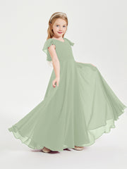 Delicate Chiffon Junior Bridesmaid Gown Flutter Sleeves V-neck Dusty Sage