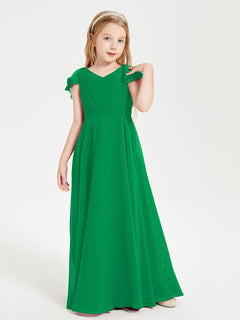 Delicate Chiffon Junior Bridesmaid Gown Flutter Sleeves V-neck Emerald