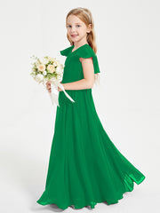 Delicate Chiffon Junior Bridesmaid Gown Flutter Sleeves V-neck Emerald