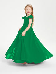 Delicate Chiffon Junior Bridesmaid Gown Flutter Sleeves V-neck Emerald