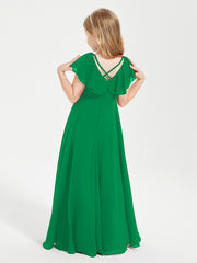 Delicate Chiffon Junior Bridesmaid Gown Flutter Sleeves V-neck Emerald