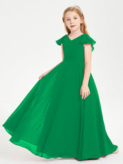 Delicate Chiffon Junior Bridesmaid Gown Flutter Sleeves V-neck Emerald
