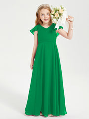 Delicate Chiffon Junior Bridesmaid Gown Flutter Sleeves V-neck Emerald
