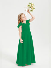 Delicate Chiffon Junior Bridesmaid Gown Flutter Sleeves V-neck Emerald