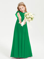 Delicate Chiffon Junior Bridesmaid Gown Flutter Sleeves V-neck Emerald