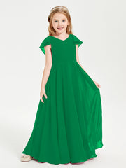 Delicate Chiffon Junior Bridesmaid Gown Flutter Sleeves V-neck Emerald