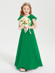 Delicate Chiffon Junior Bridesmaid Gown Flutter Sleeves V-neck Emerald