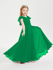 Delicate Chiffon Junior Bridesmaid Gown Flutter Sleeves V-neck Emerald
