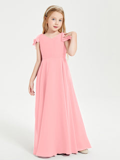 Delicate Chiffon Junior Bridesmaid Gown Flutter Sleeves V-neck Flamingo