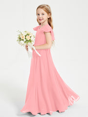 Delicate Chiffon Junior Bridesmaid Gown Flutter Sleeves V-neck Flamingo