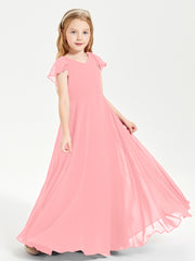 Delicate Chiffon Junior Bridesmaid Gown Flutter Sleeves V-neck Flamingo