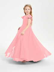 Delicate Chiffon Junior Bridesmaid Gown Flutter Sleeves V-neck Flamingo