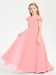 Delicate Chiffon Junior Bridesmaid Gown Flutter Sleeves V-neck Flamingo