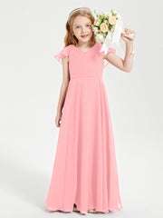 Delicate Chiffon Junior Bridesmaid Gown Flutter Sleeves V-neck Flamingo