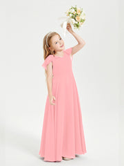 Delicate Chiffon Junior Bridesmaid Gown Flutter Sleeves V-neck Flamingo