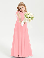 Delicate Chiffon Junior Bridesmaid Gown Flutter Sleeves V-neck Flamingo