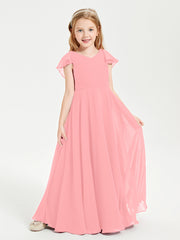 Delicate Chiffon Junior Bridesmaid Gown Flutter Sleeves V-neck Flamingo