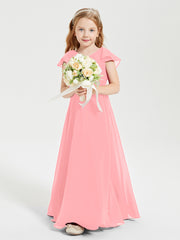Delicate Chiffon Junior Bridesmaid Gown Flutter Sleeves V-neck Flamingo