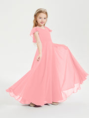 Delicate Chiffon Junior Bridesmaid Gown Flutter Sleeves V-neck Flamingo