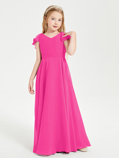 Delicate Chiffon Junior Bridesmaid Gown Flutter Sleeves V-neck Fuchsia