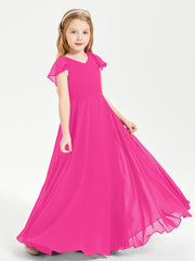 Delicate Chiffon Junior Bridesmaid Gown Flutter Sleeves V-neck Fuchsia