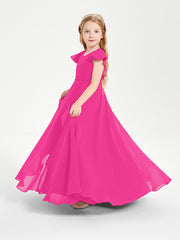 Delicate Chiffon Junior Bridesmaid Gown Flutter Sleeves V-neck Fuchsia