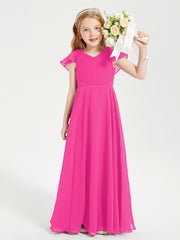 Delicate Chiffon Junior Bridesmaid Gown Flutter Sleeves V-neck Fuchsia