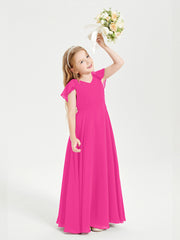 Delicate Chiffon Junior Bridesmaid Gown Flutter Sleeves V-neck Fuchsia