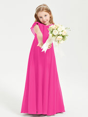 Delicate Chiffon Junior Bridesmaid Gown Flutter Sleeves V-neck Fuchsia