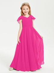Delicate Chiffon Junior Bridesmaid Gown Flutter Sleeves V-neck Fuchsia