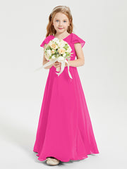 Delicate Chiffon Junior Bridesmaid Gown Flutter Sleeves V-neck Fuchsia