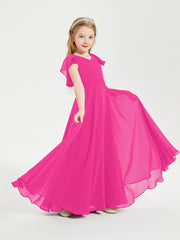 Delicate Chiffon Junior Bridesmaid Gown Flutter Sleeves V-neck Fuchsia