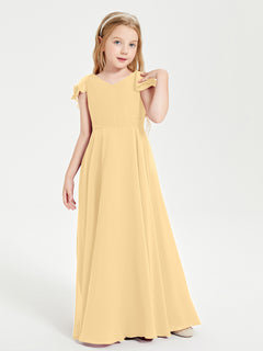 Delicate Chiffon Junior Bridesmaid Gown Flutter Sleeves V-neck Gold