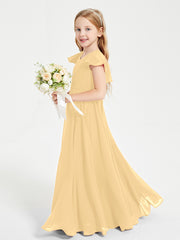 Delicate Chiffon Junior Bridesmaid Gown Flutter Sleeves V-neck Gold