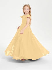 Delicate Chiffon Junior Bridesmaid Gown Flutter Sleeves V-neck Gold