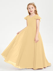 Delicate Chiffon Junior Bridesmaid Gown Flutter Sleeves V-neck Gold