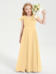 Delicate Chiffon Junior Bridesmaid Gown Flutter Sleeves V-neck Gold