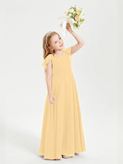 Delicate Chiffon Junior Bridesmaid Gown Flutter Sleeves V-neck Gold