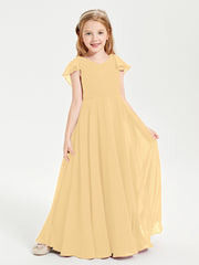 Delicate Chiffon Junior Bridesmaid Gown Flutter Sleeves V-neck Gold