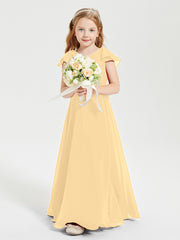 Delicate Chiffon Junior Bridesmaid Gown Flutter Sleeves V-neck Gold