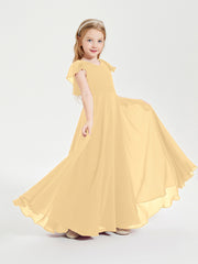 Delicate Chiffon Junior Bridesmaid Gown Flutter Sleeves V-neck Gold